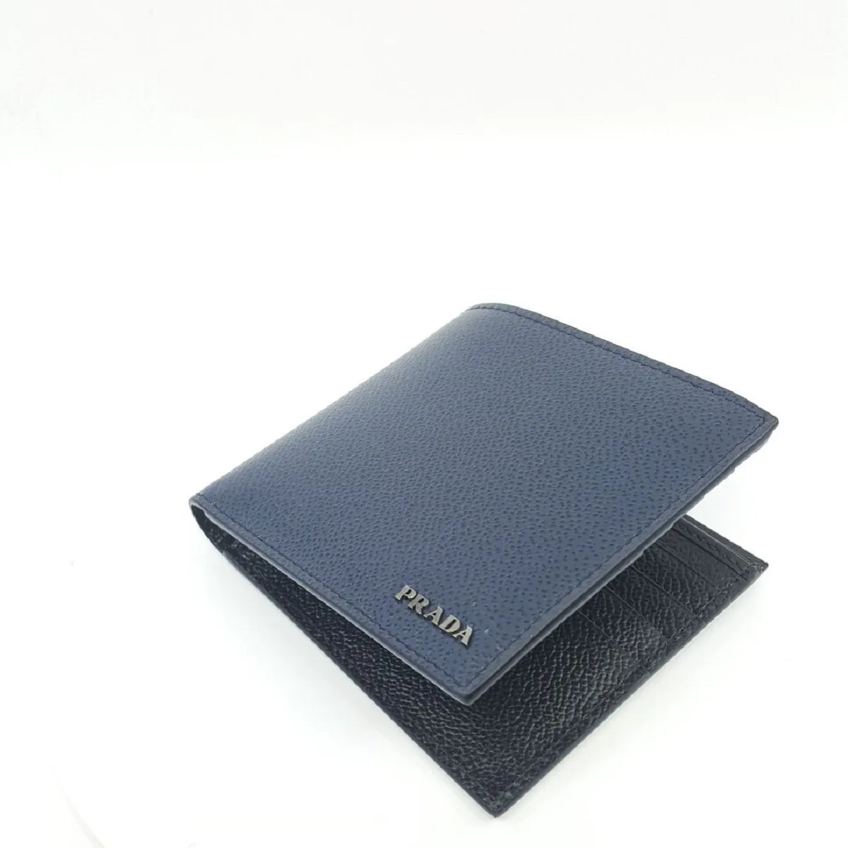 Prada Vitello Micro Grain Baltico Blue Nero Black Mens Wallet 2MO513