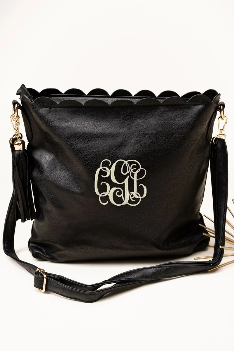 SALE! NGIL Black Faux Leather Sabina Scalloped Crossbody Tote