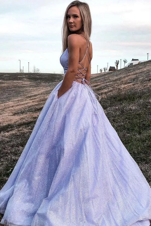 Shiny Lavender A Line V Neck Prom Formal Dress With Pocket TP1165