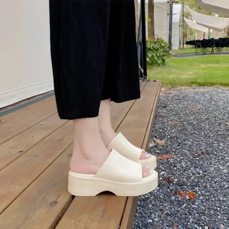 Sohiwoo Summer Slope Heel Thick Sole Women's Slippers New Simple Soft Sole EVA High Heel Slippers Wearing Beach Anti Slip Slippers