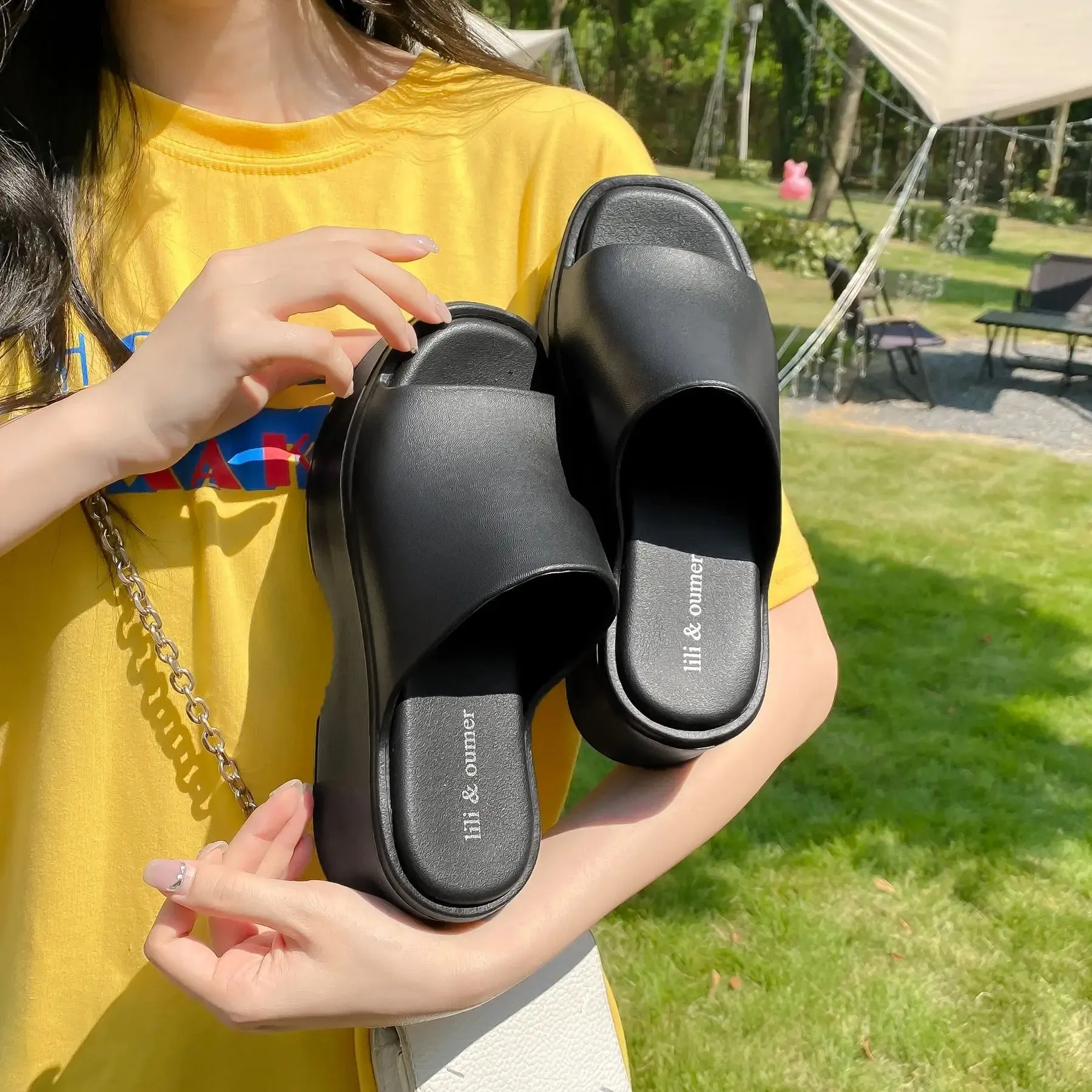 Sohiwoo Summer Slope Heel Thick Sole Women's Slippers New Simple Soft Sole EVA High Heel Slippers Wearing Beach Anti Slip Slippers