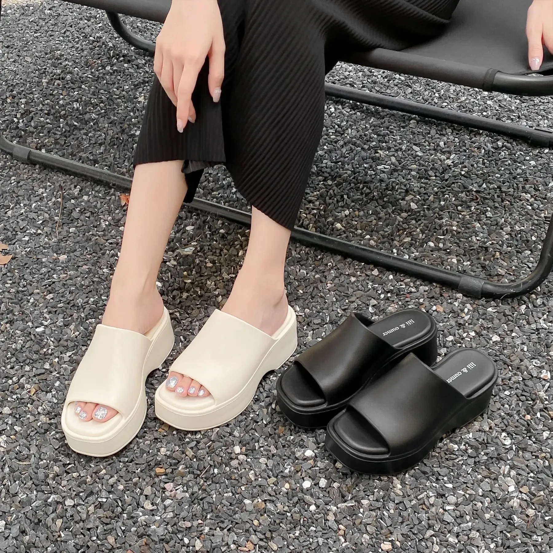 Sohiwoo Summer Slope Heel Thick Sole Women's Slippers New Simple Soft Sole EVA High Heel Slippers Wearing Beach Anti Slip Slippers
