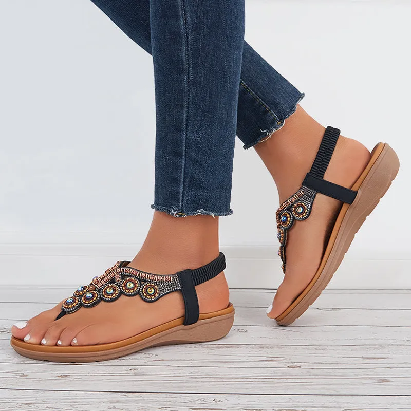 Sohiwoo  Women Boho Clip Toe Thong Sandals Arch Support Elastic Strap Shoes