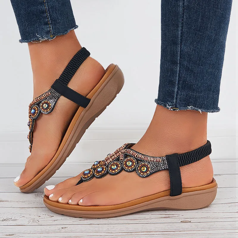 Sohiwoo  Women Boho Clip Toe Thong Sandals Arch Support Elastic Strap Shoes