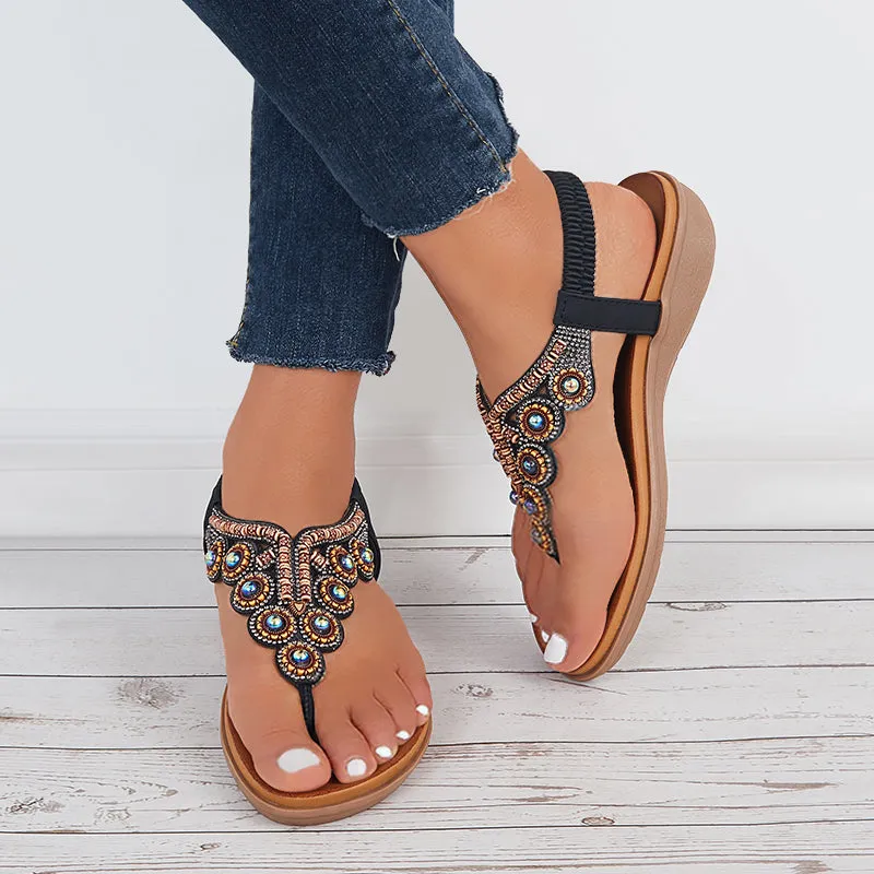 Sohiwoo  Women Boho Clip Toe Thong Sandals Arch Support Elastic Strap Shoes