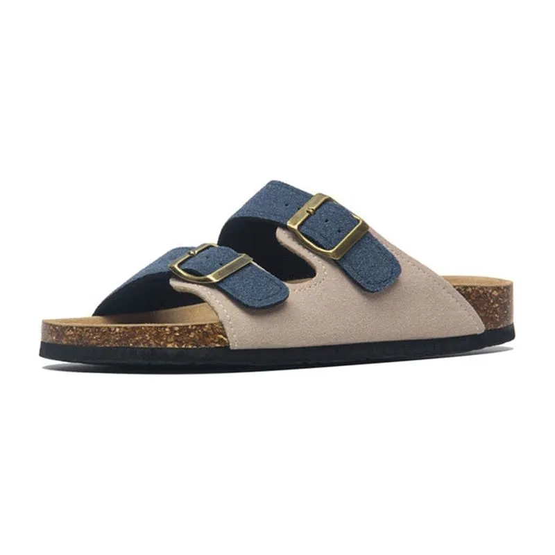 Summer Men's Cork Sandals Genuine Suede Leather Mule Clogs With Two Buckle Beach Slides Birkenstock Style For Men Sizes up to 45