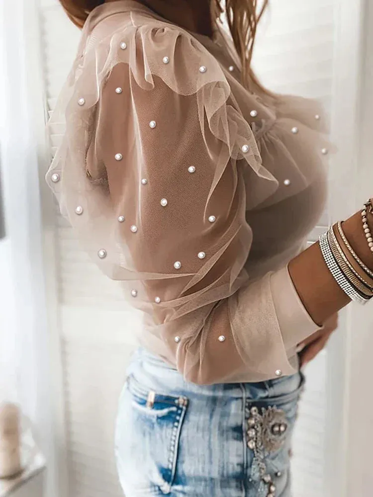 Thida Top | Vrouwen parel mesh top