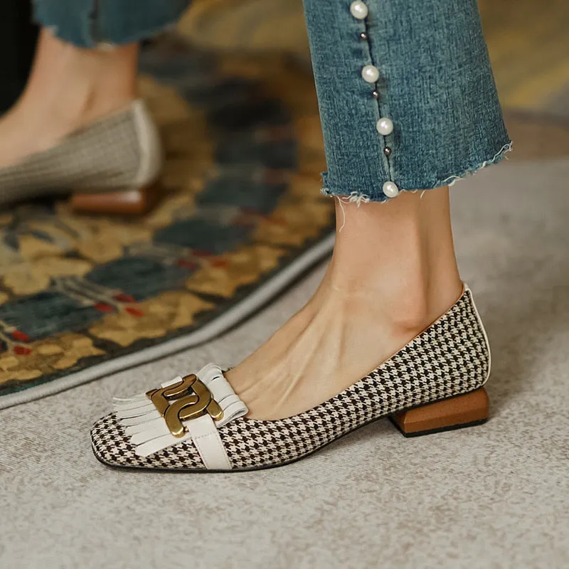 vintage plaid tassel low heel loafers