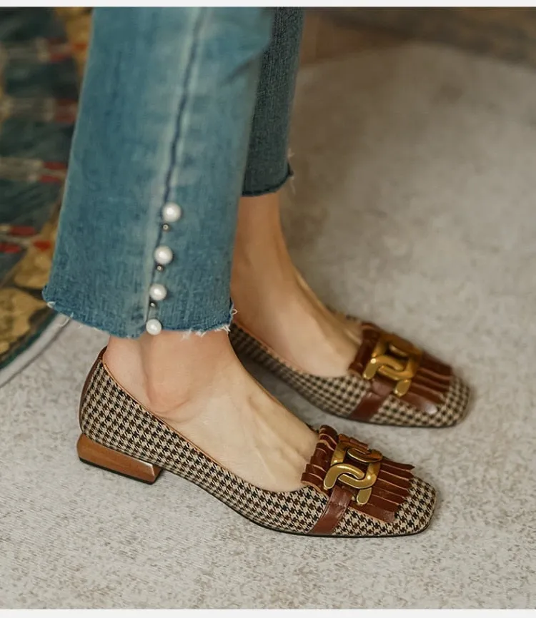 vintage plaid tassel low heel loafers