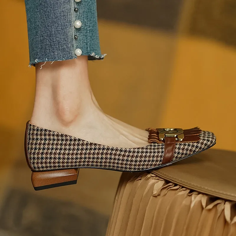 vintage plaid tassel low heel loafers