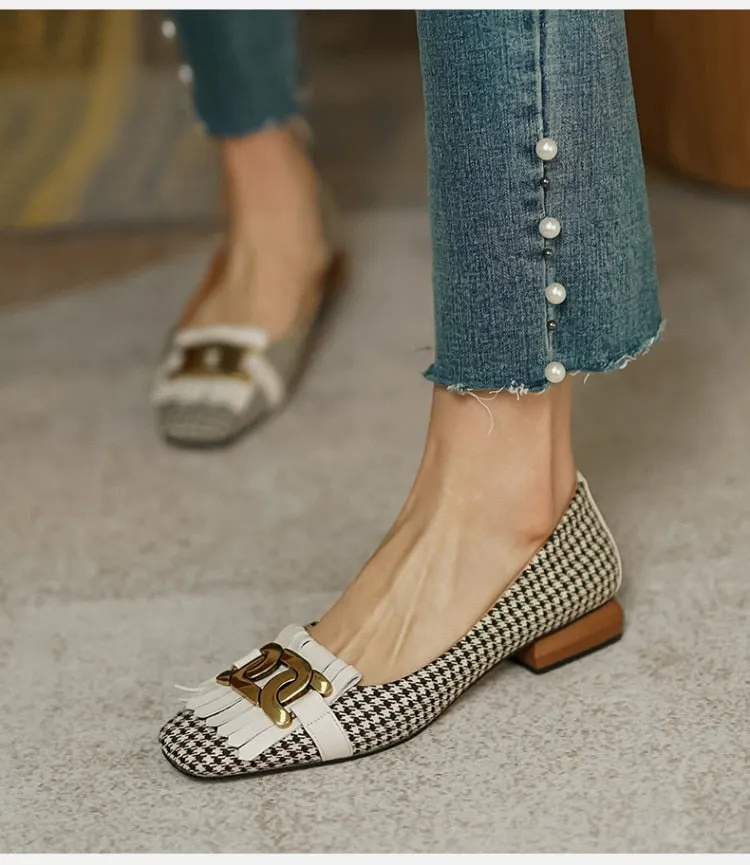 vintage plaid tassel low heel loafers