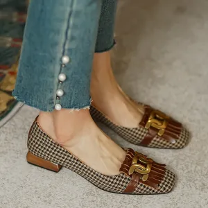 vintage plaid tassel low heel loafers