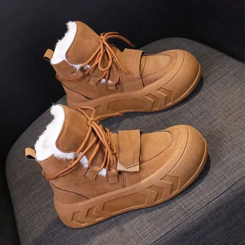 Warm Plush Fur Straps Lace-Up Anti-Slip Platform Snow Boots