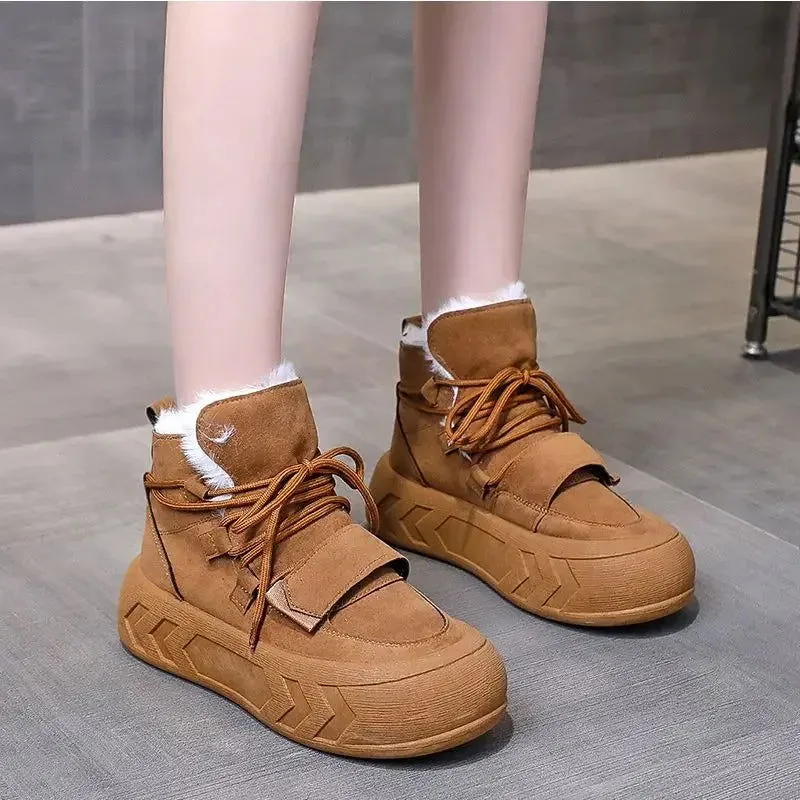 Warm Plush Fur Straps Lace-Up Anti-Slip Platform Snow Boots