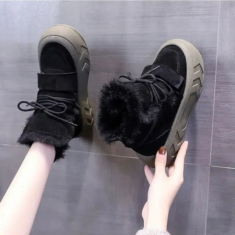 Warm Plush Fur Straps Lace-Up Anti-Slip Platform Snow Boots