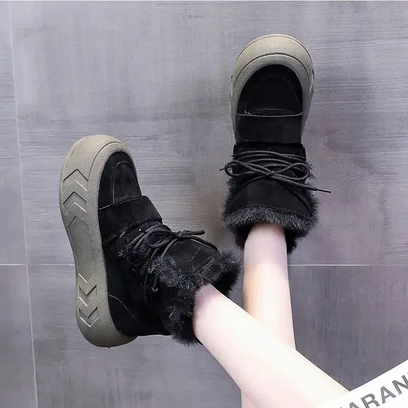 Warm Plush Fur Straps Lace-Up Anti-Slip Platform Snow Boots