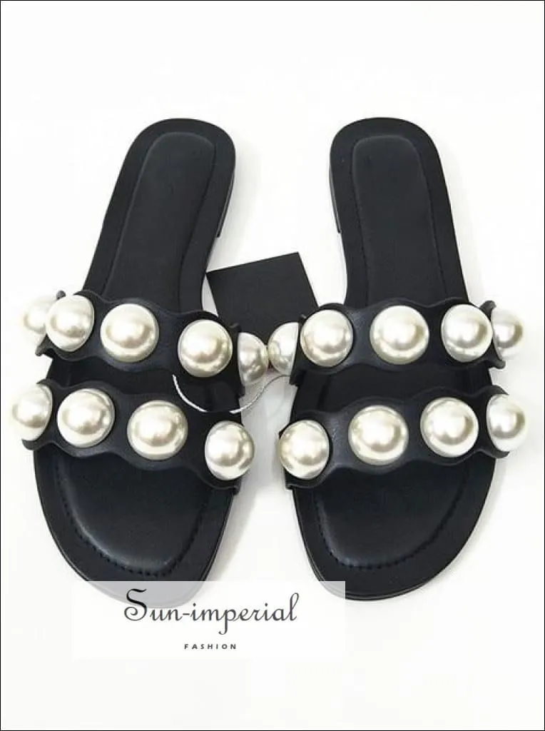 White Double Band Pearl Flats Sandals Casual Beach Slide Flip Flops Slippers