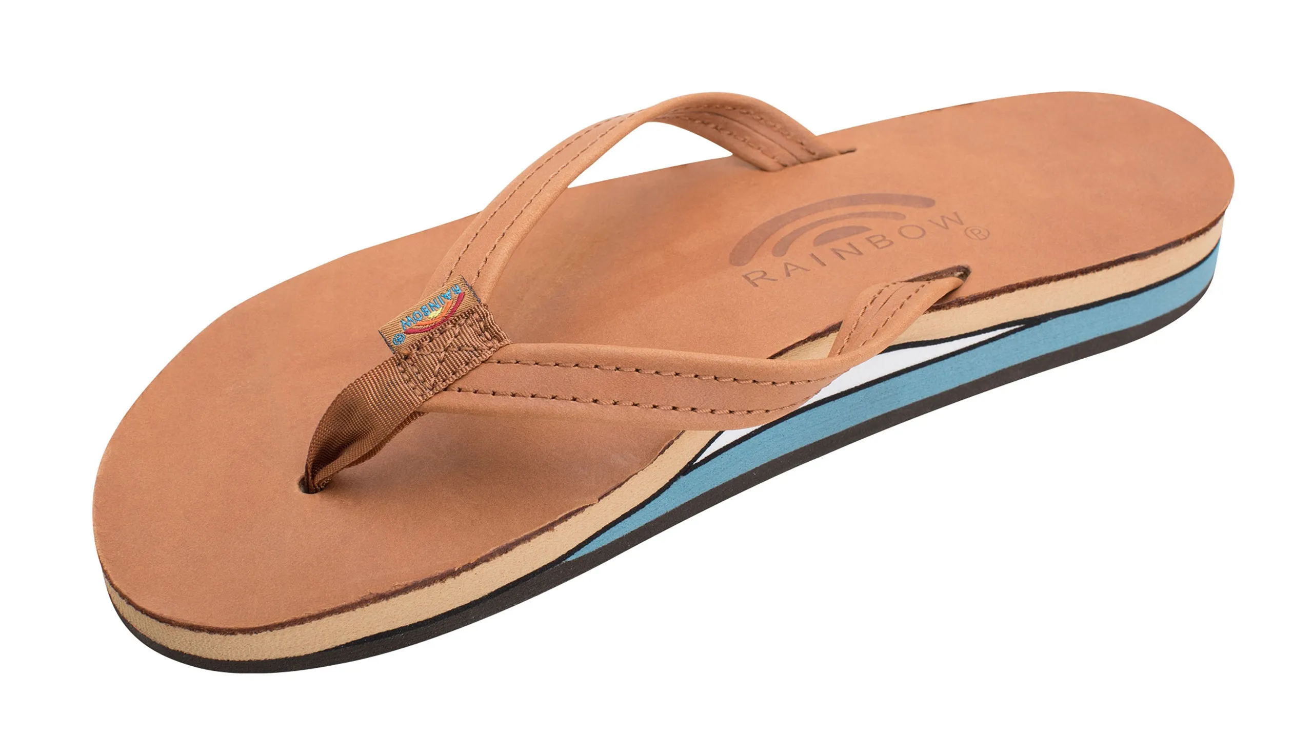 Women's Classic Leather Double Layer Narrow Strap Sandals in Tan with Blue