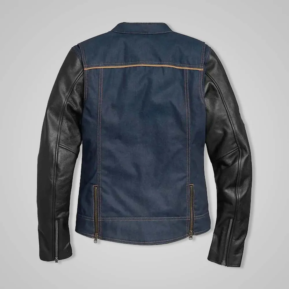 Women’s Navy Denim Jacket with Leather Sleeves & No. 1 Embroidery Patch