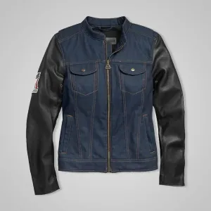 Women’s Navy Denim Jacket with Leather Sleeves & No. 1 Embroidery Patch