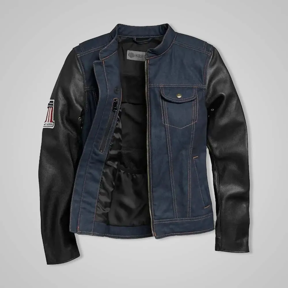 Women’s Navy Denim Jacket with Leather Sleeves & No. 1 Embroidery Patch