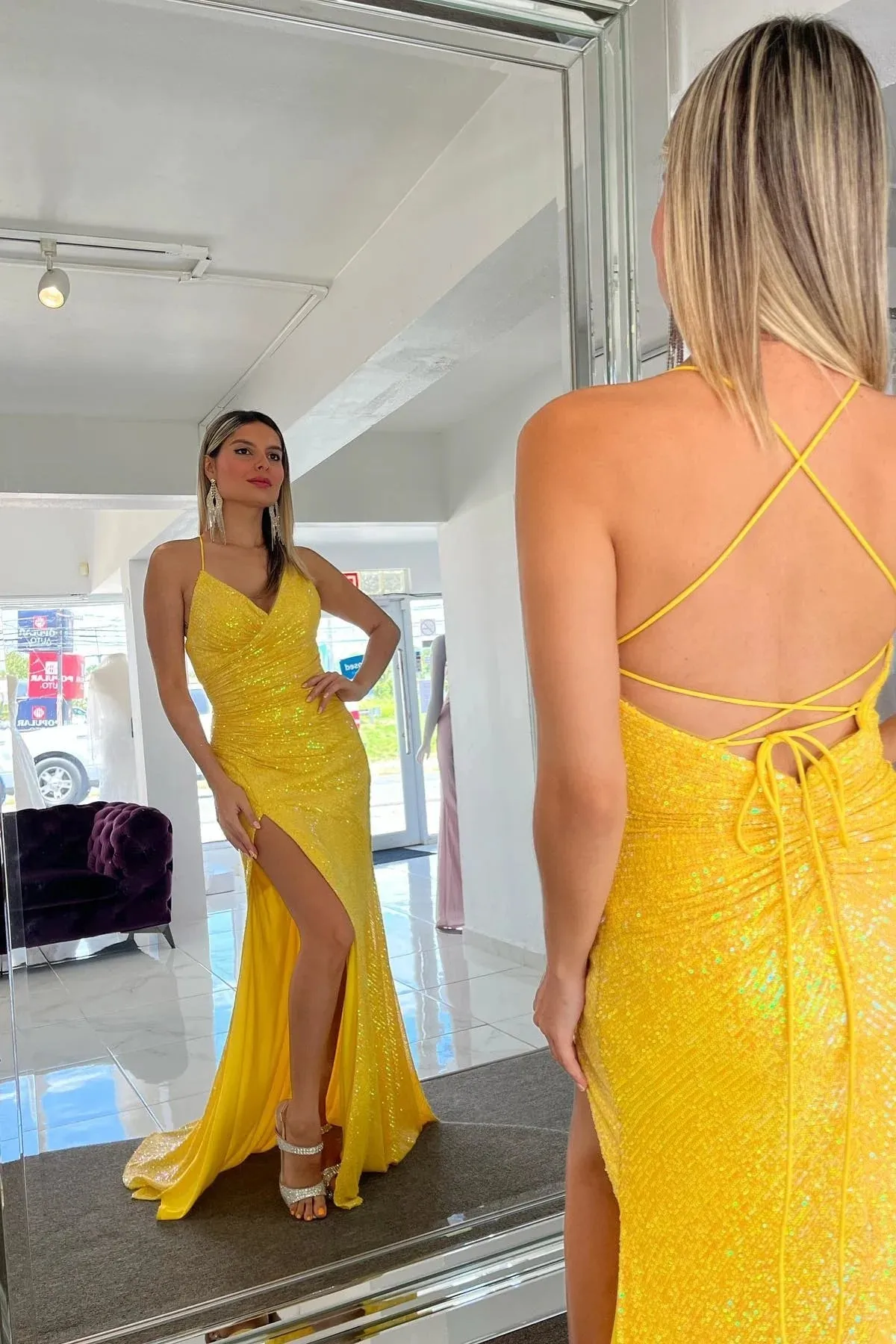 Yellow Sparkly Lace-Up Mermaid Sequins Long Prom Dress with Slit  TP1248