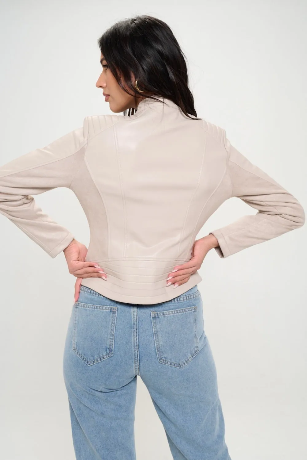 Zip Up Stylish Cream Vegan Moto Jacket