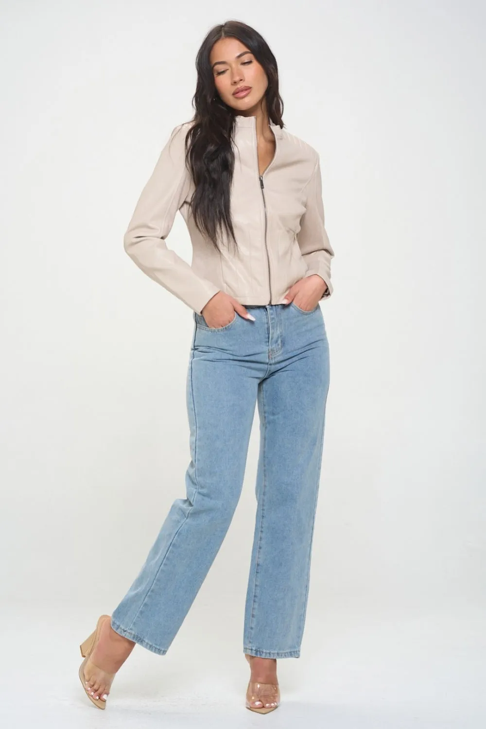 Zip Up Stylish Cream Vegan Moto Jacket