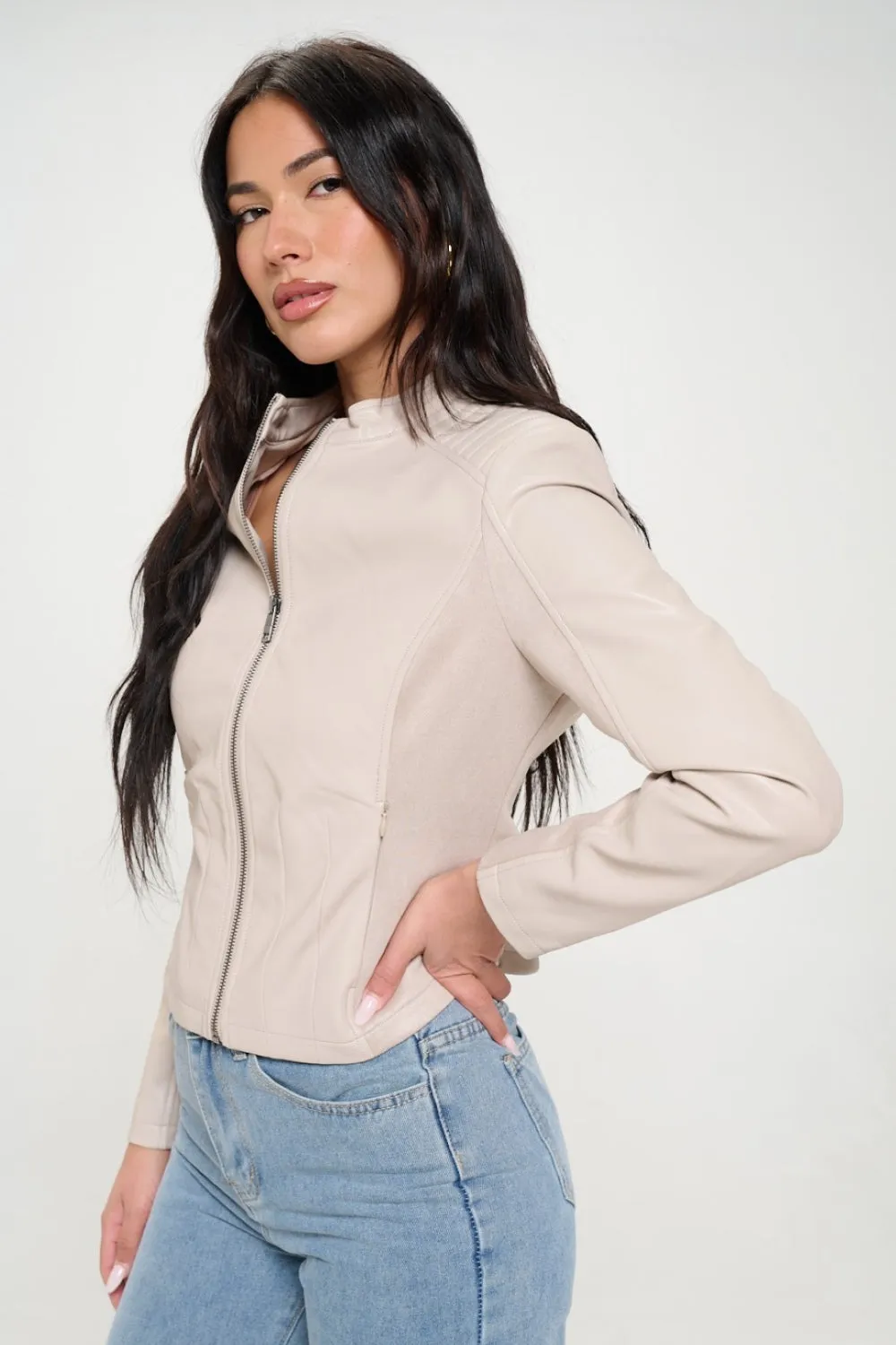 Zip Up Stylish Cream Vegan Moto Jacket