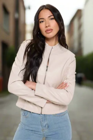 Zip Up Stylish Cream Vegan Moto Jacket