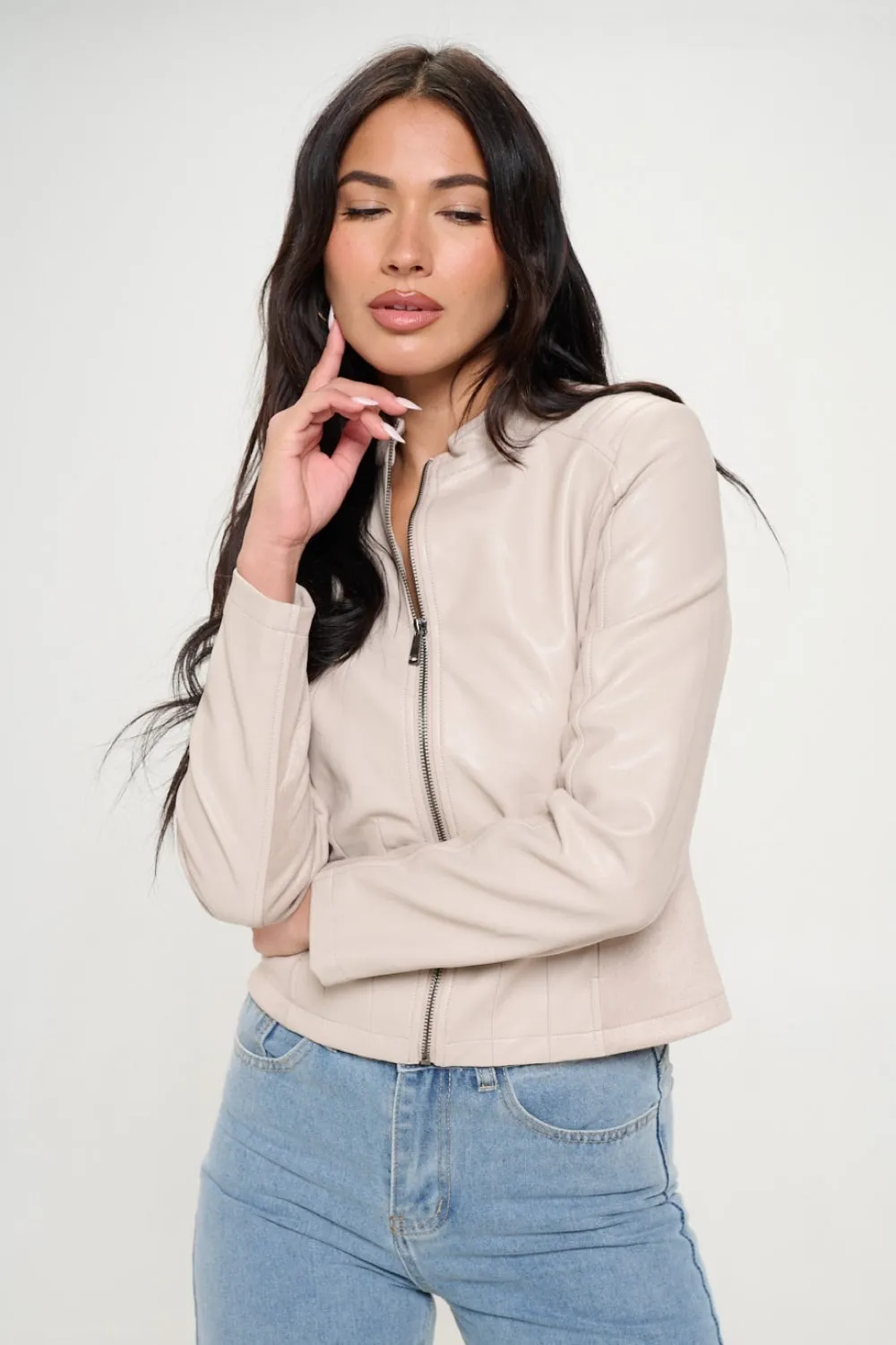 Zip Up Stylish Cream Vegan Moto Jacket